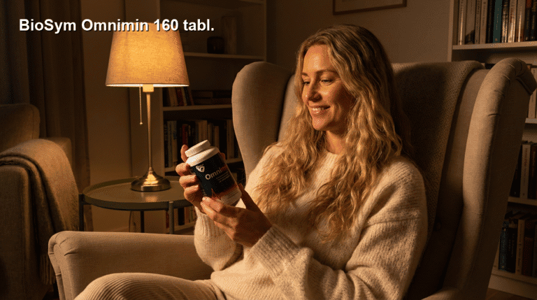 Person, der sidder afslappet i en stol og holder en medicinpakke, med blødt belysning og hjemmehygge-stemning, hvilket antyder et sundheds- eller velværeprodukt.