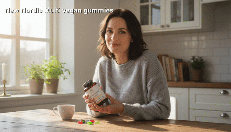 Billede af kvinde, der med smil holder en pose vegan multivitamin gummier i et lyst, moderne køkken med sollys. Smart daglig tilføjelse til en sund livsstil, perfekte for veganere.